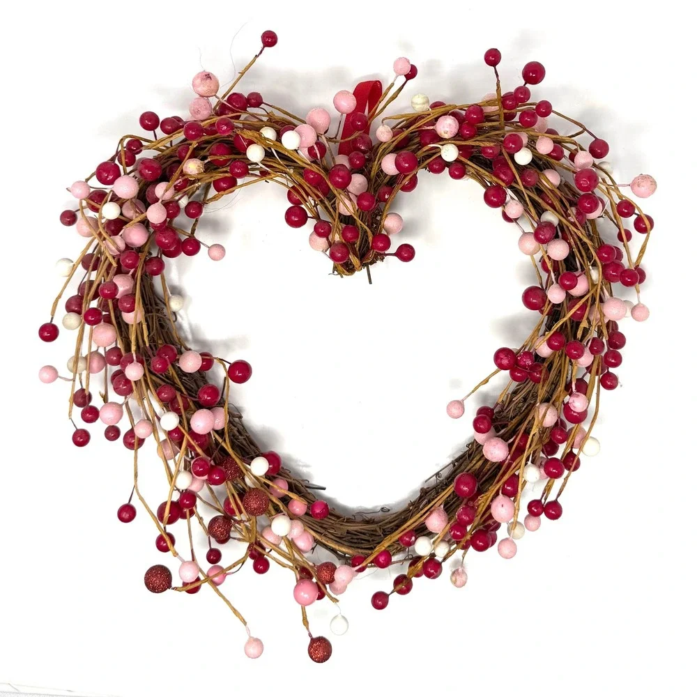 Red Pink White Berry Heart Wreath 16 Inch Valentine Day Grapevine Decor